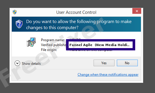 Screenshot where Funnel Agile  (New Media Holdings Ltd.) appears as the verified publisher in the UAC dialog